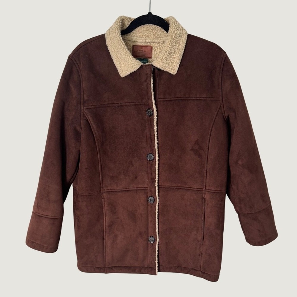 Lauren Ralph Lauren Faux Suede Shearling Coat Brown Sz M Barn Jacket Winter